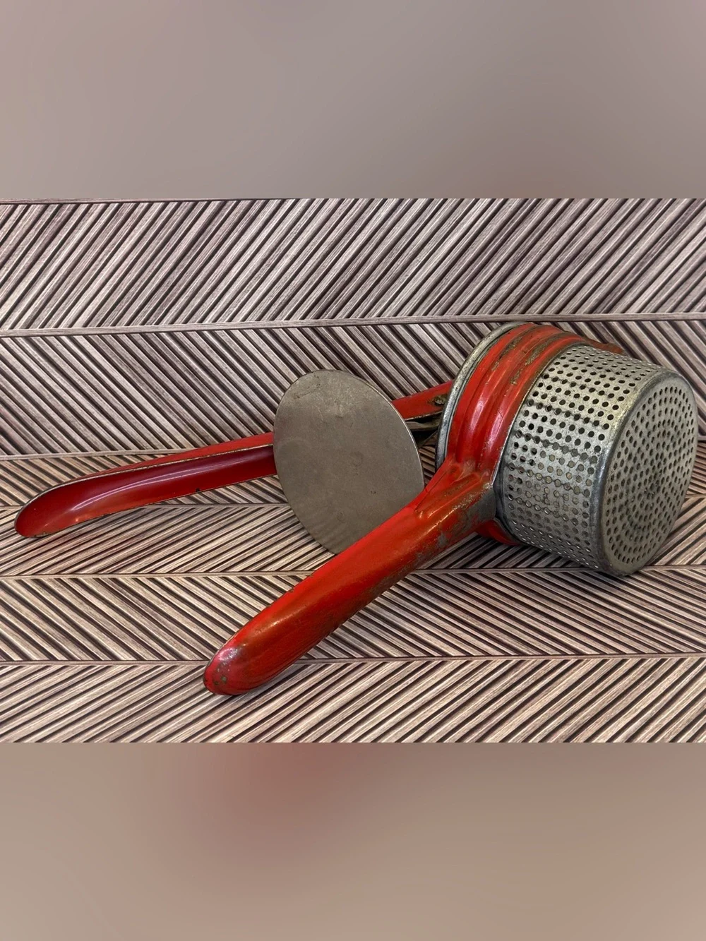 Red Heavy-Duty Cast Metal Potato Ricer / Food Press Vintage 1950’s